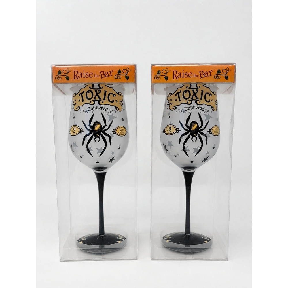 Halloween Wine Glass Toxic Spider Lot of 2 Hand Painted Gothic Raise the Bar New